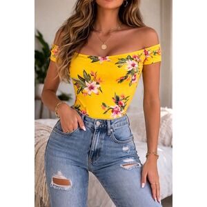 Stella Tweed Yellow Tropical Floral Off The Shoulder Bodysuit Womens‎ Large